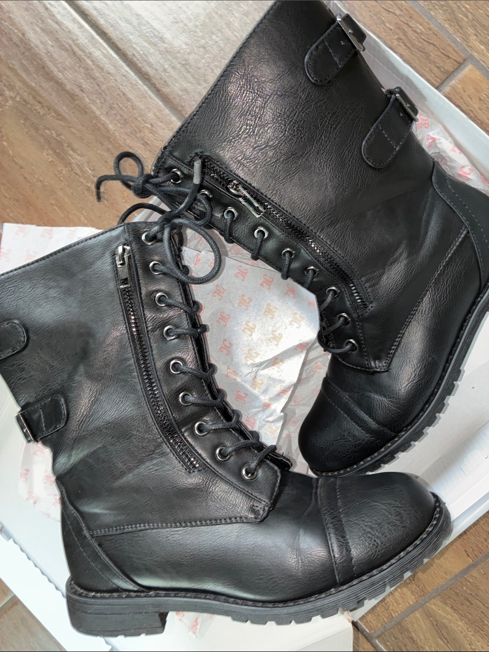 Journee Collection Black Lace-Up Moto Combat Boots - Picture 7 of 9